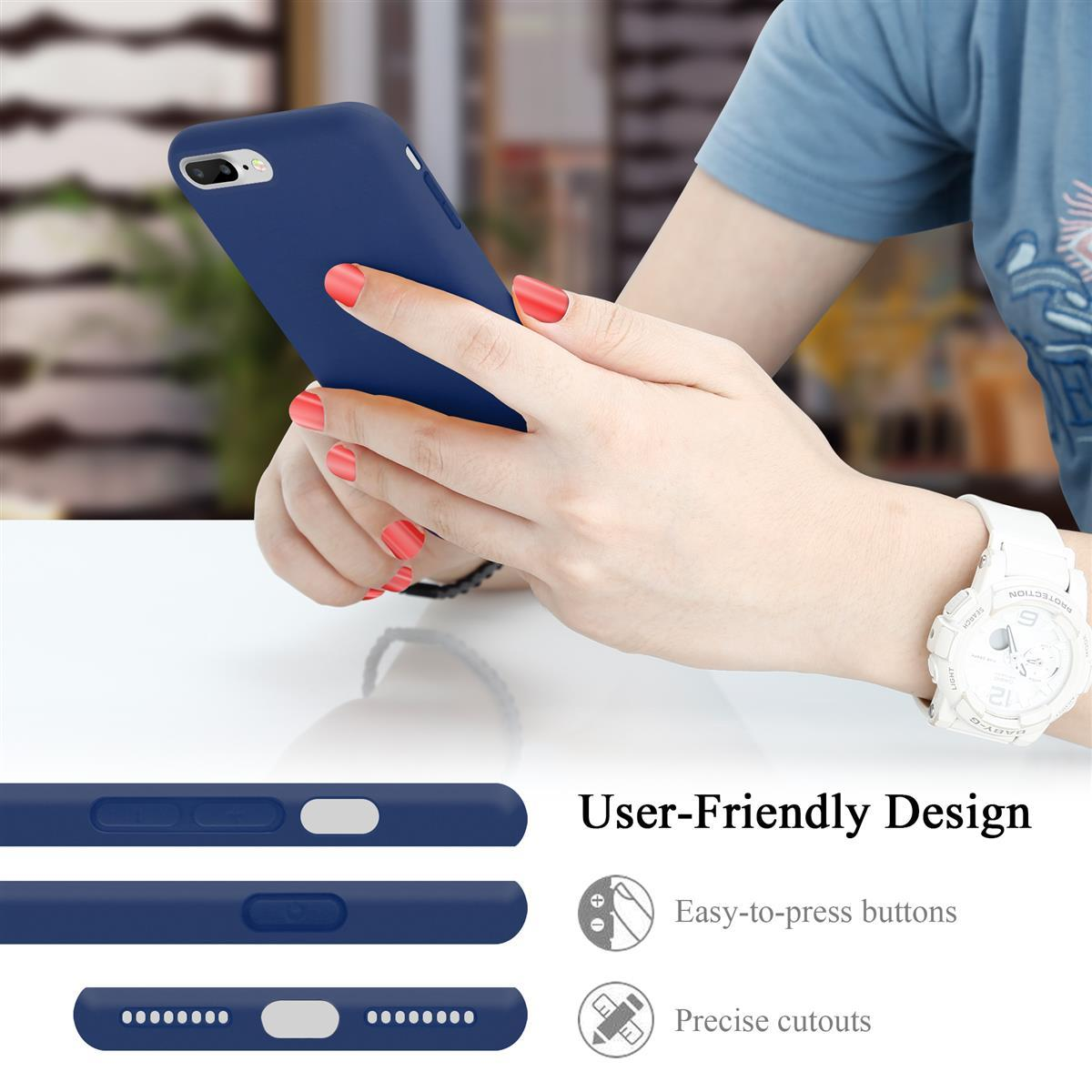 Mani che tengono una custodia blu scuro. Sono mostrate le caratteristiche del design user-friendly.