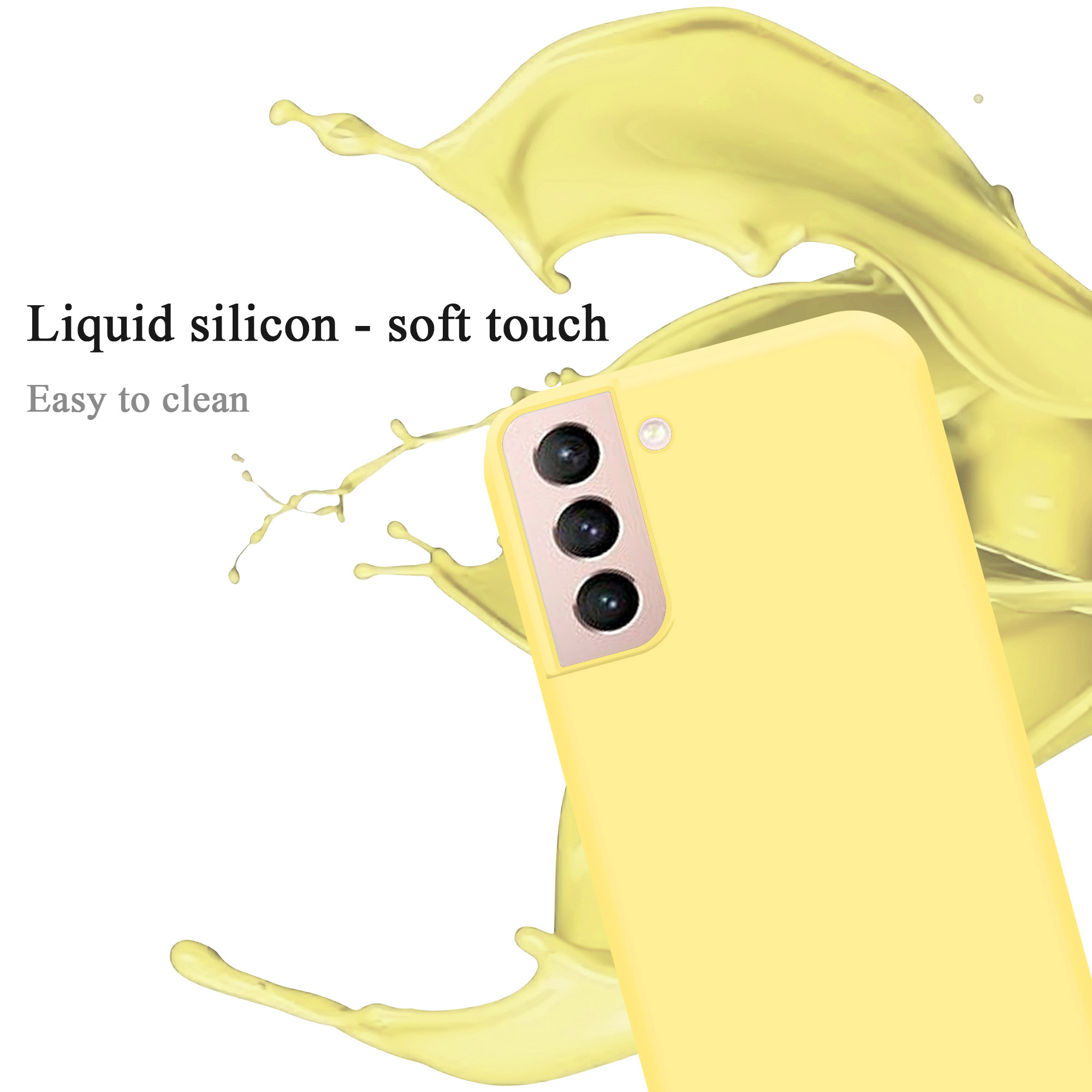 Un telefono giallo con una custodia soft touch. Ha tre lenti per la fotocamera.