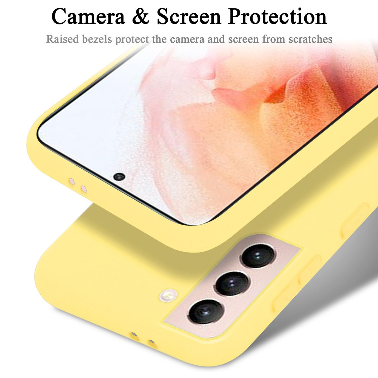 Custodia gialla aperta, mostra schermo telefono. La custodia ha protezione fotocamera e schermo.