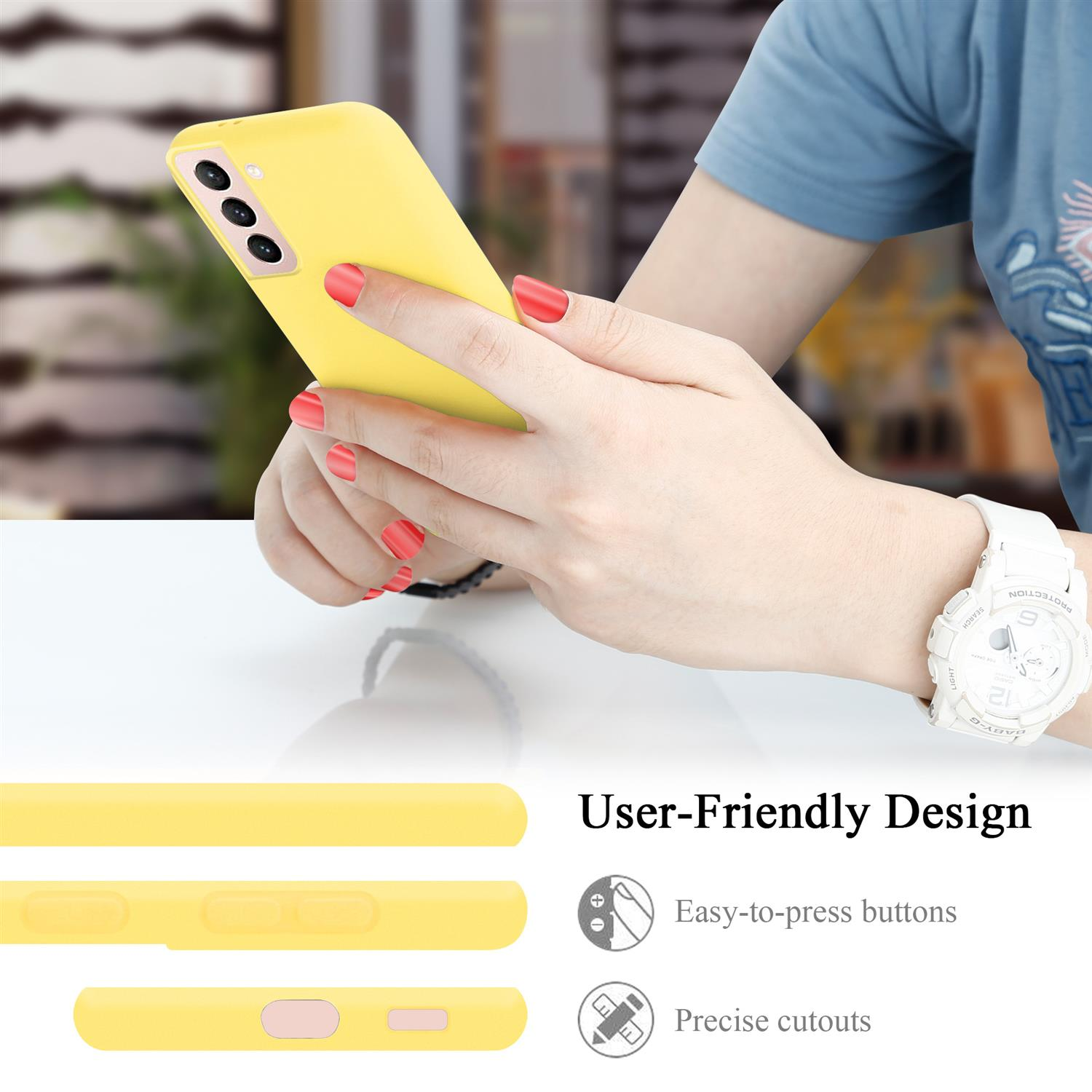 Person hält gelbes Telefon in Hülle. Benutzerfreundliches Design-Text und -Symbole. Hand der Frau mit roten Nägeln.