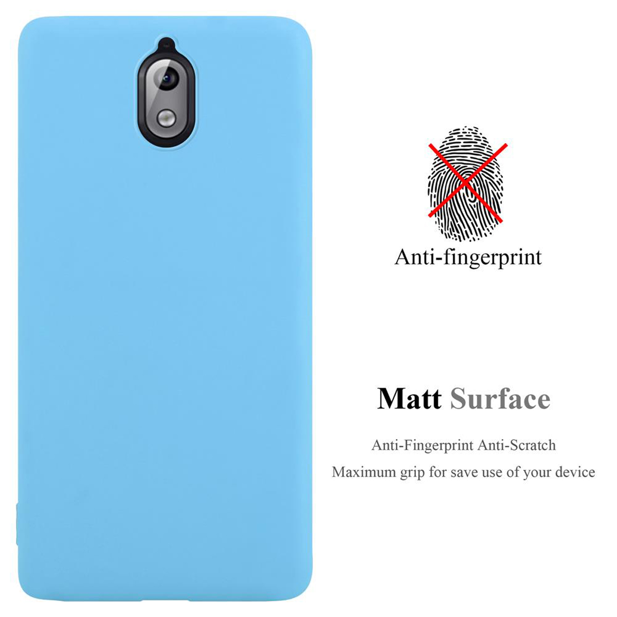Hellblaue Handyhülle mit Kamera und Anti-Fingerabdruck-Zeichen. Text: Matt Surface.