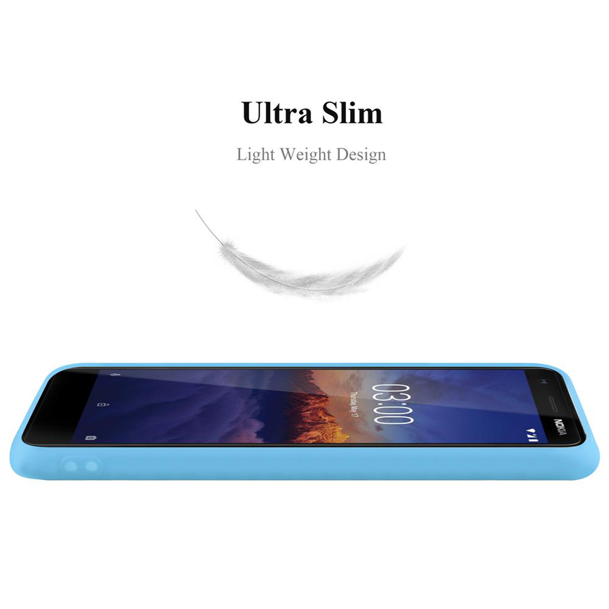 Blaue Handyhülle auf weißem Hintergrund. Text: Ultra Slim, Light Weight Design. Über dem Telefon befindet sich eine Feder.