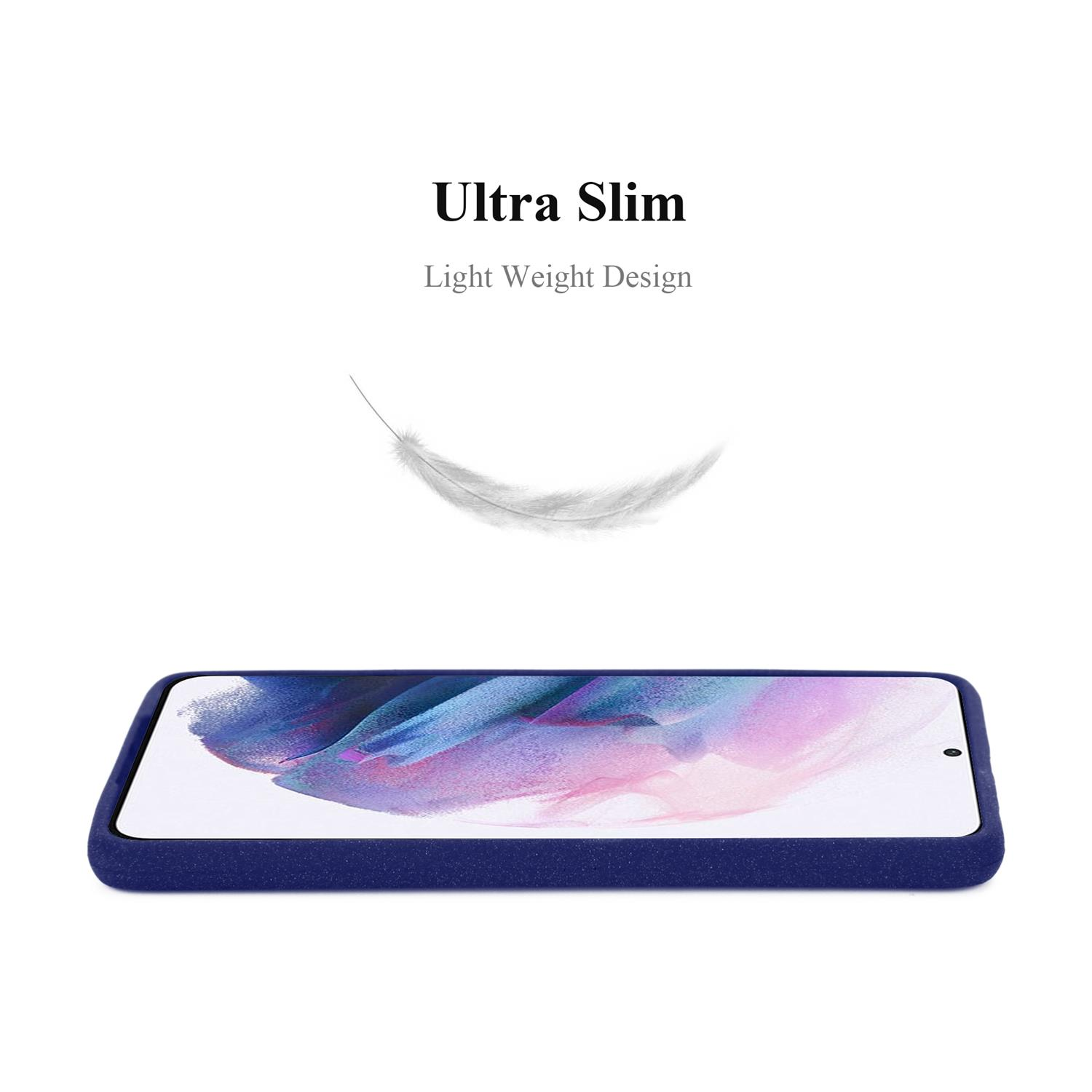 Una custodia per telefono blu con le parole "Ultra Slim, Light Weight Design" e una grafica di una piuma.
