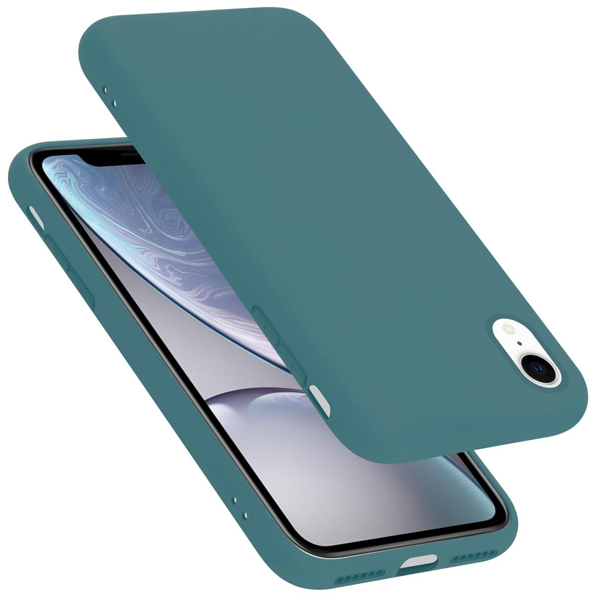 Zwei türkisfarbene Handyhüllen; eine mit Telefon, die andere flach liegend.