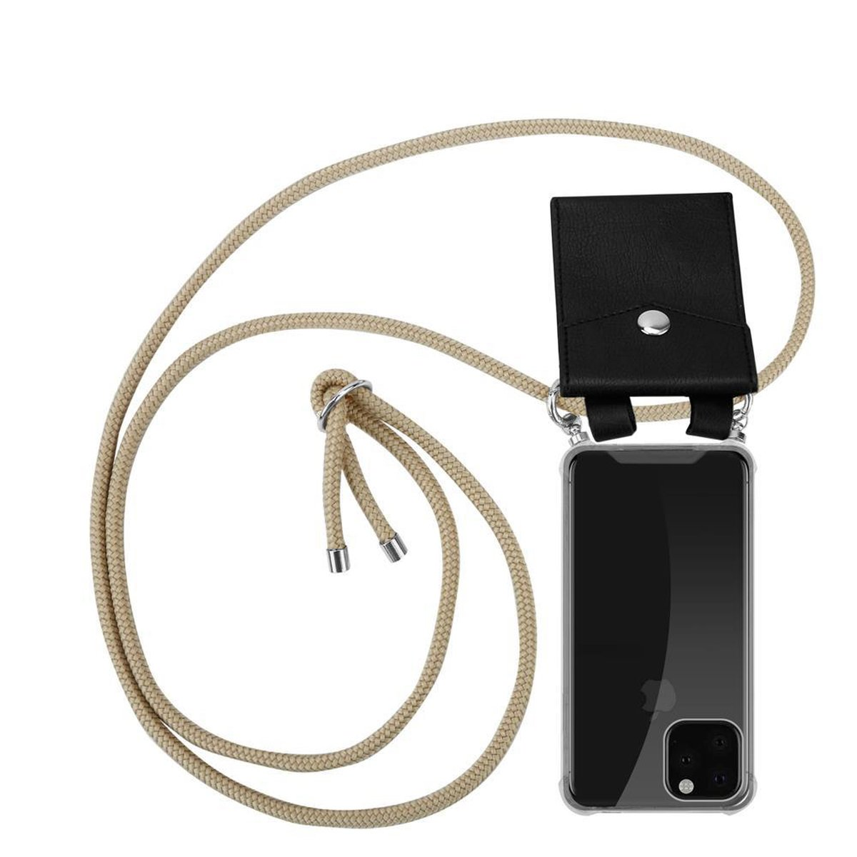 CADORABO Handy Kette mit GLÄNZEND Silber PRO Hülle, Kordel 11 Ringen, und iPhone MAX, abnehmbarer BRAUN Band Apple, Backcover