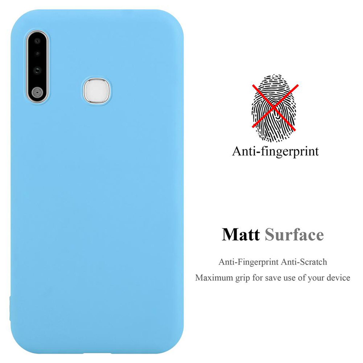 Eine hellblaue Handyhülle mit Fingerabdruck und den Worten 'Anti-Fingerabdruck' und 'Matt Surface'.