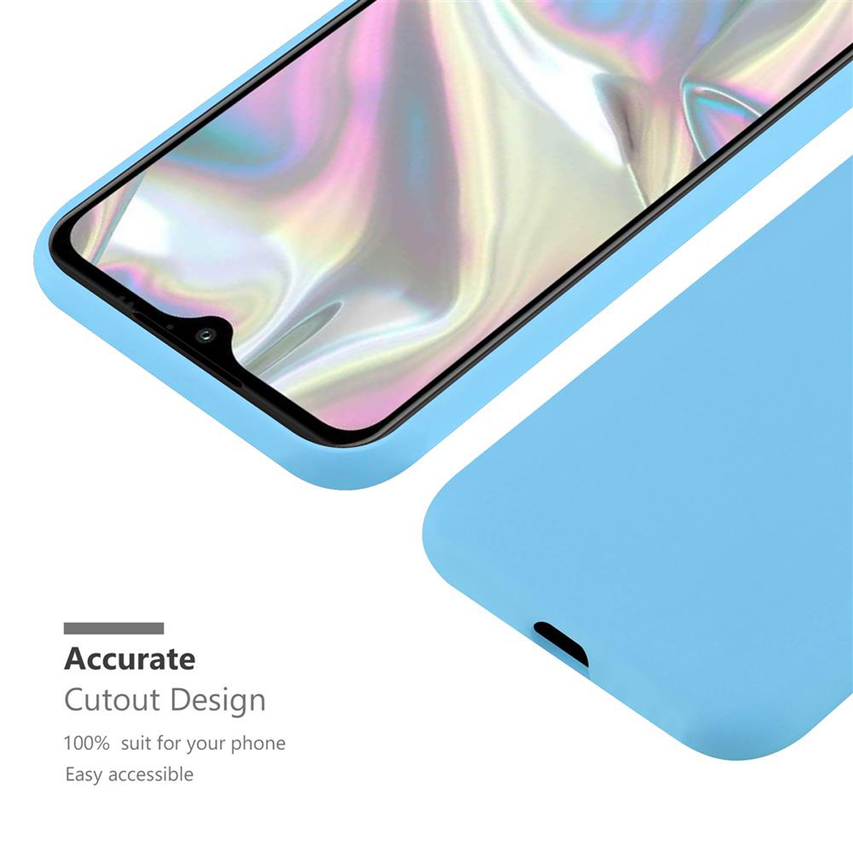 Eine blaue Handyhülle mit einem Telefonbildschirm darin. Das Bild hat Text, der sagt: „Genaues Ausschnittdesign“.