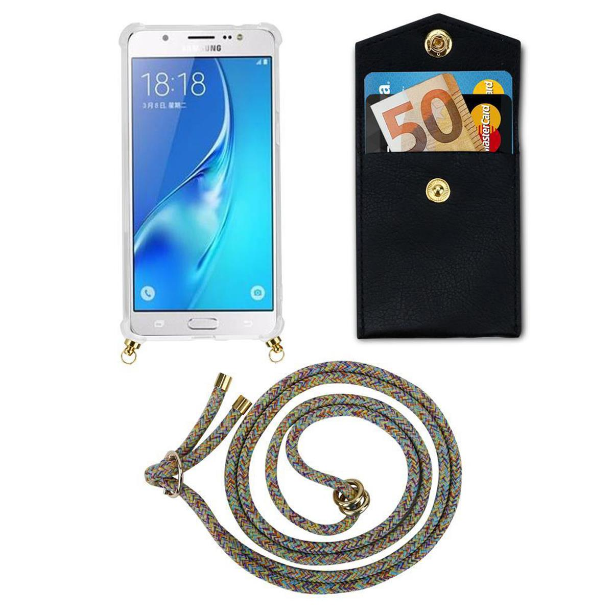 Telefono, custodia e cordino. Il telefono mostra l'ora. Custodia con contanti e carte. Cordino multicolore.