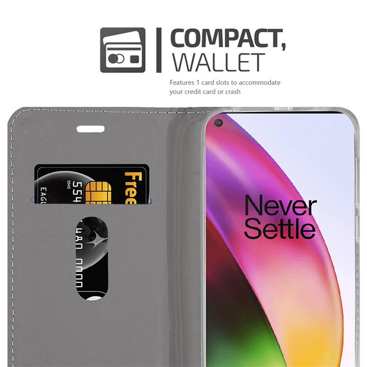 Custodia per telefono con fessura per carte con carta di credito e banconota da 50 dollari. Testo: Portafoglio compatto.