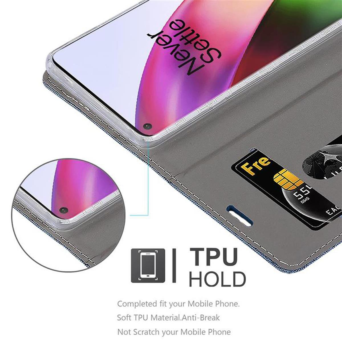 Telefono in custodia a portafoglio grigia. Testo: TPU HOLD. Carta inserita. Il telefono mostra testo sullo schermo.