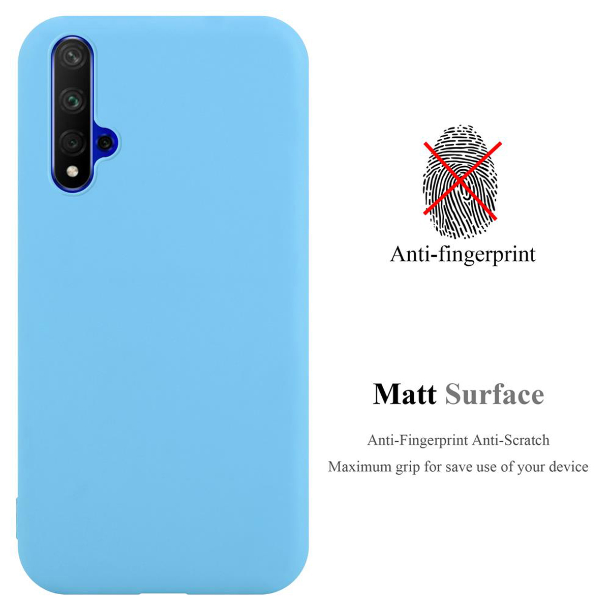 Eine hellblaue Handyhülle mit Text, der 'Matt Surface' und ein Anti-Fingerabdruck-Logo anzeigt.