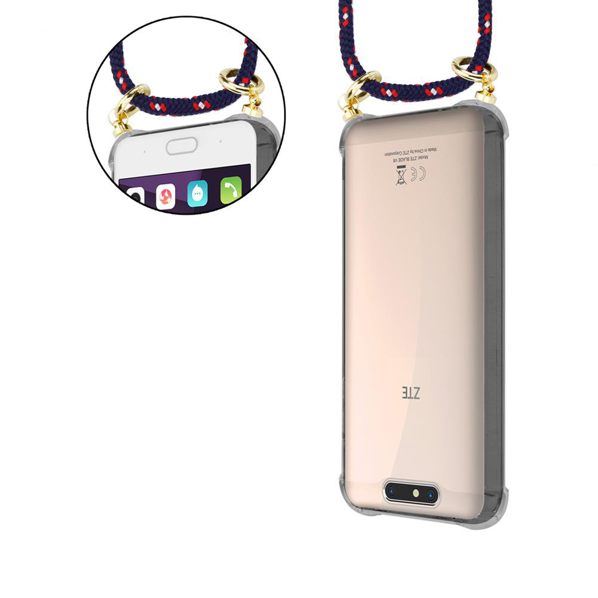 Ein Telefon mit Lanyard. Die Rückseite des Telefons ist sichtbar. Der Hintergrund ist weiß.