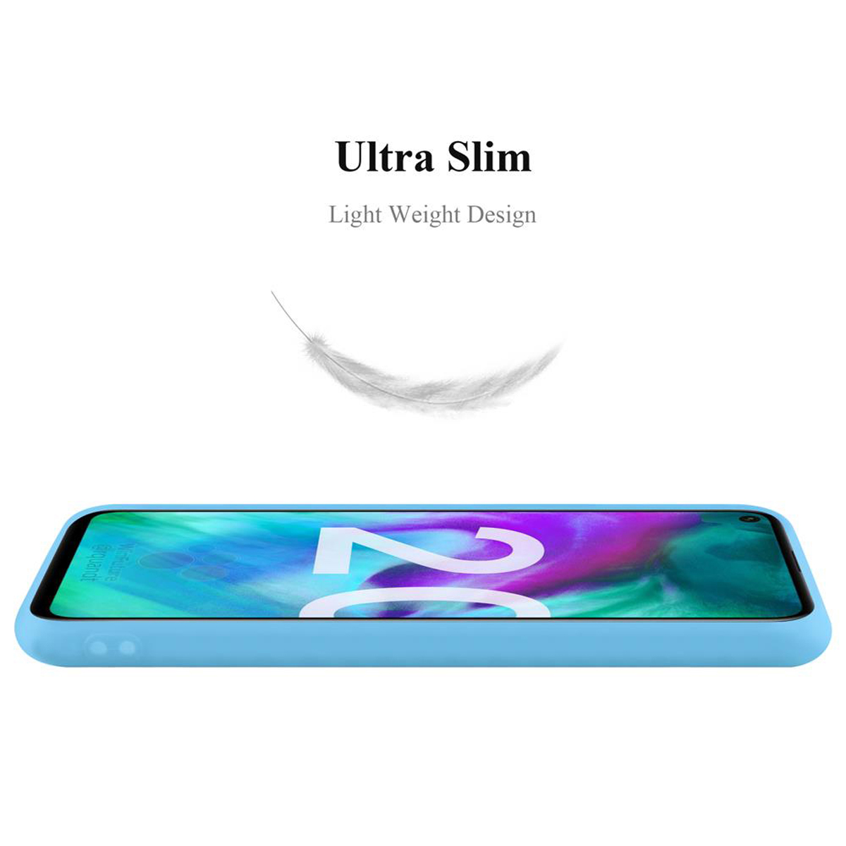 Blaue Handyhülle mit einem Telefon darin. Weißer Text: Ultra Slim, Light Weight Design. Weißer Hintergrund.