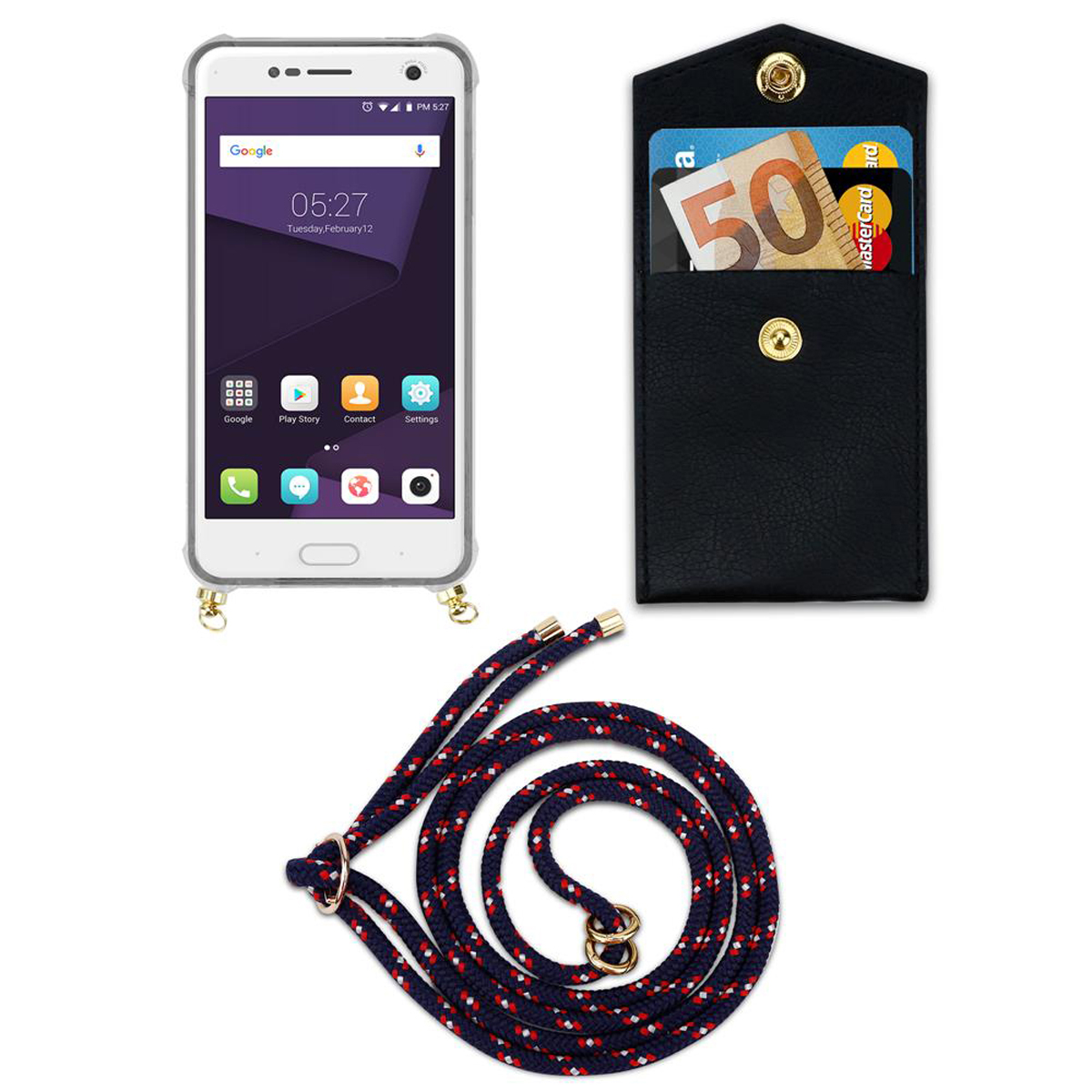 Telefon, schwarze Ledertasche mit Karten und Seilriemen auf weißer Oberfläche.