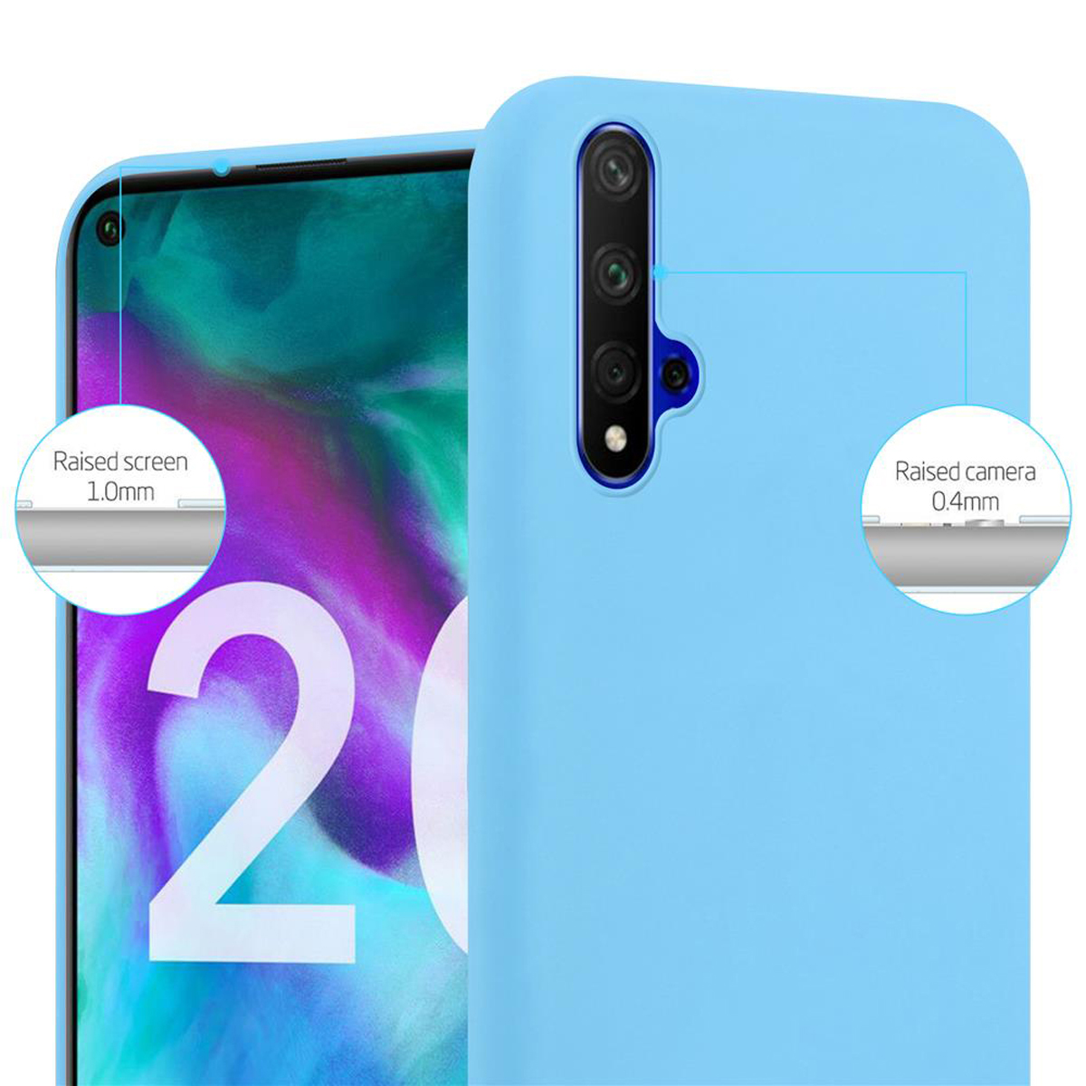 Hellblaue Handyhülle auf einem Telefon. Nahaufnahme mit erhöhtem Kamera- und Bildschirmschutz.