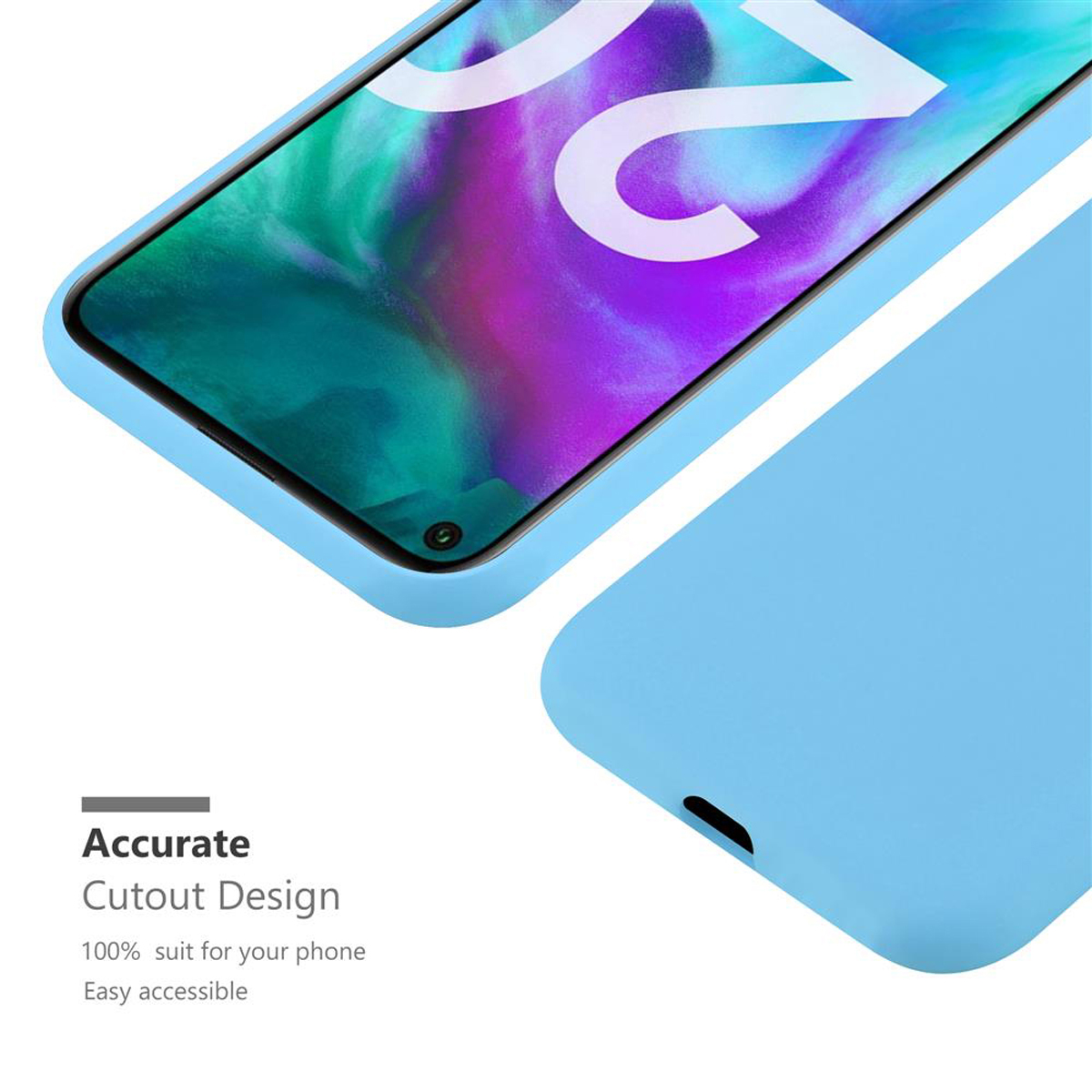 Handyhülle mit Ausschnitt-Design. Sie ist hellblau. Klare Worte: Genaues Ausschnitt-Design.