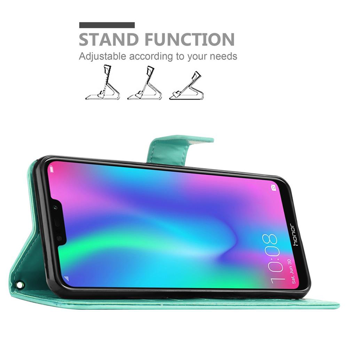 Telefono in una custodia verde, aperto per mostrare lo schermo con funzione stand. Vengono mostrati i diagrammi della funzione stand.