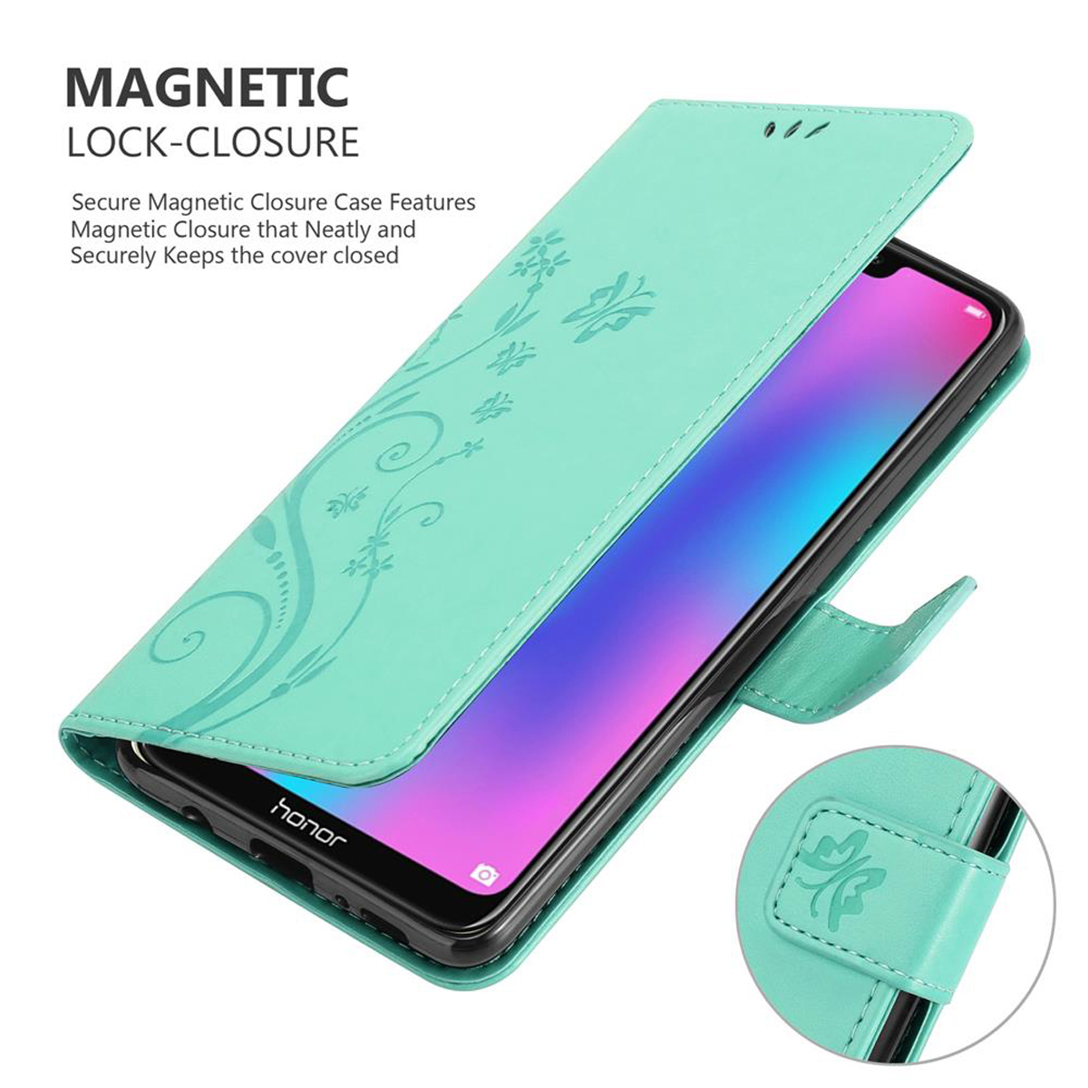 Una custodia turchese, aperta, con un telefono dentro. La custodia è decorata con motivi floreali. Chiusura magnetica visibile.