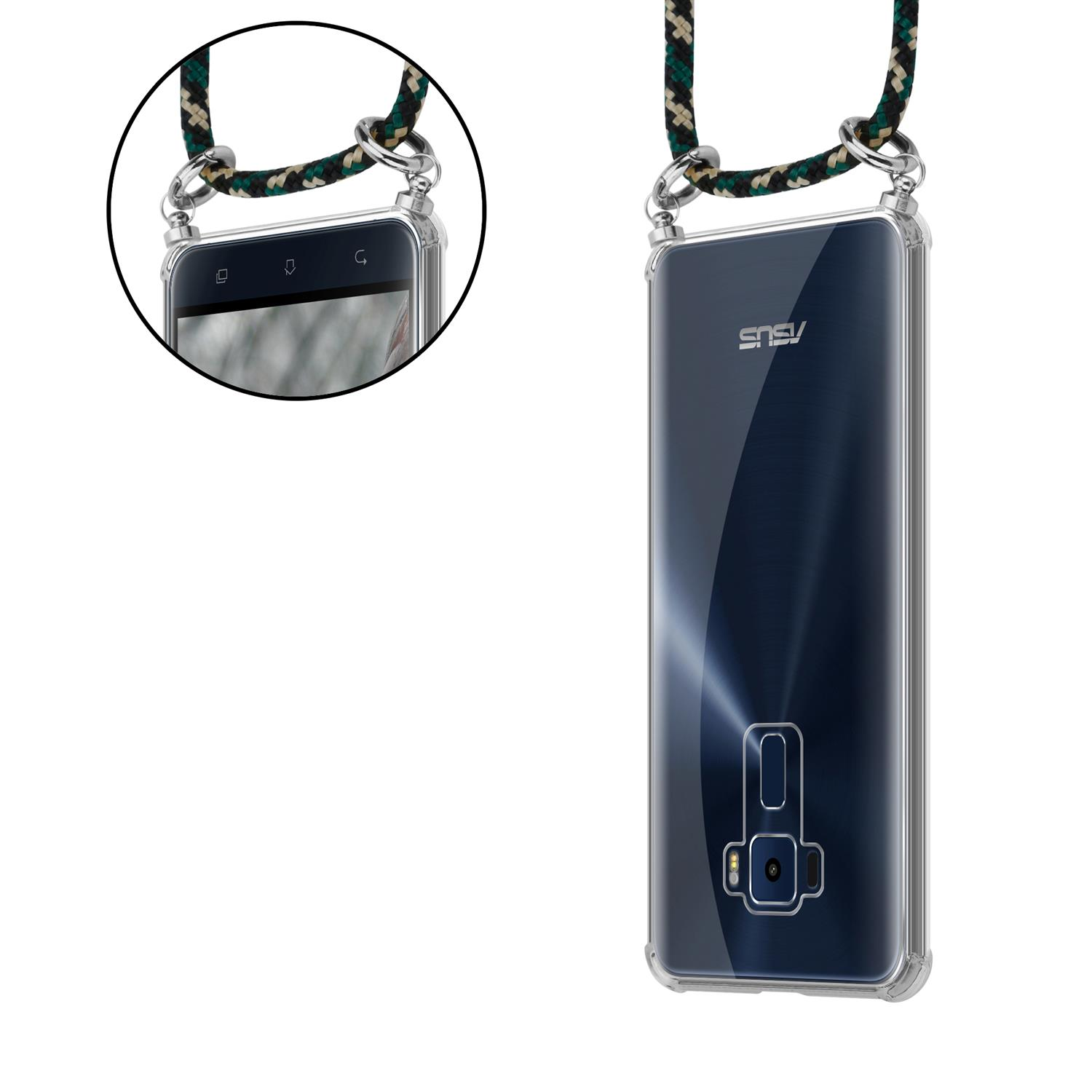 Telefon in transparenter Hülle mit grünem Gurt. Transparente Handyhülle mit Asus-Logo.