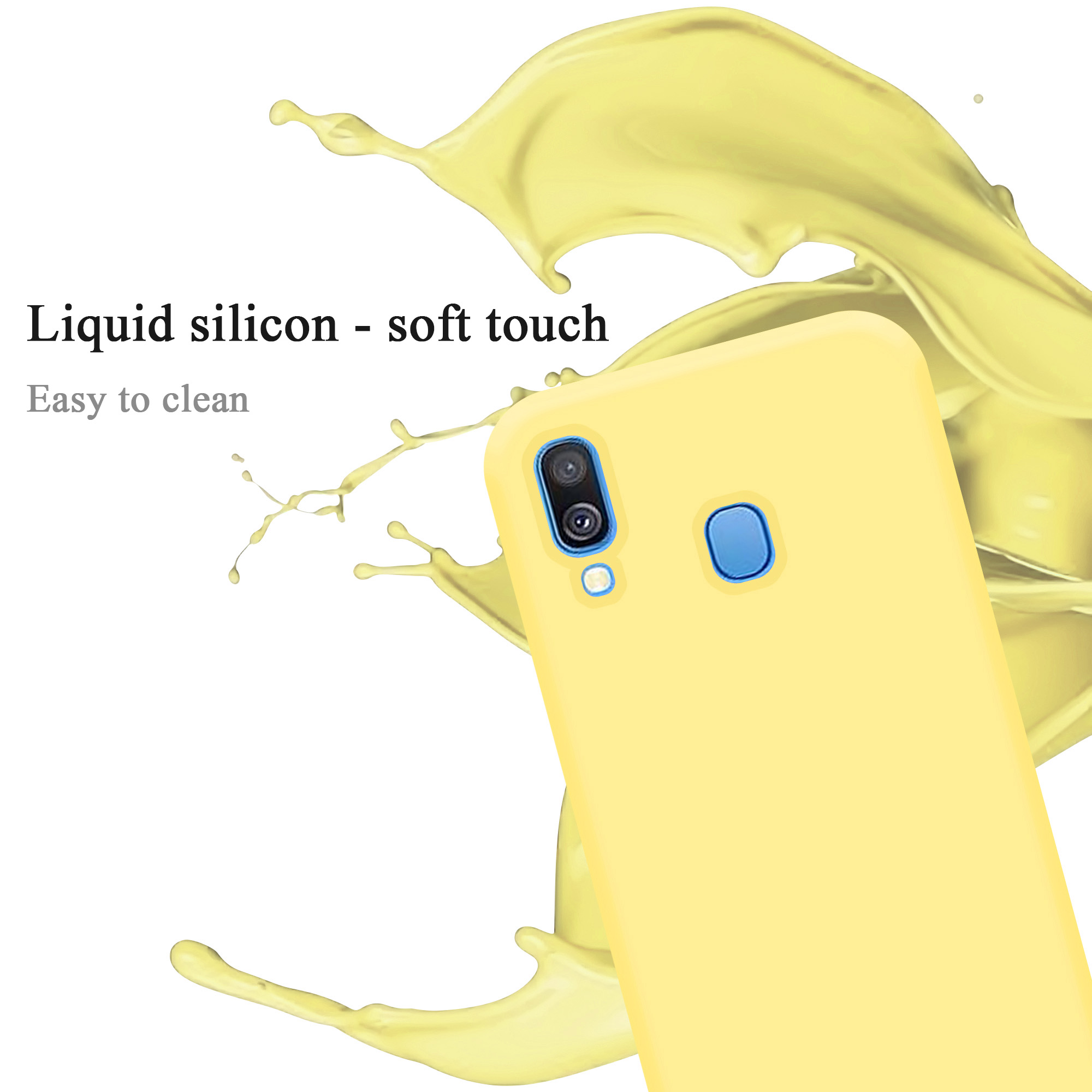 Gelbe Handyhülle mit einem Spritzer gelber Farbe auf weißem Hintergrund.