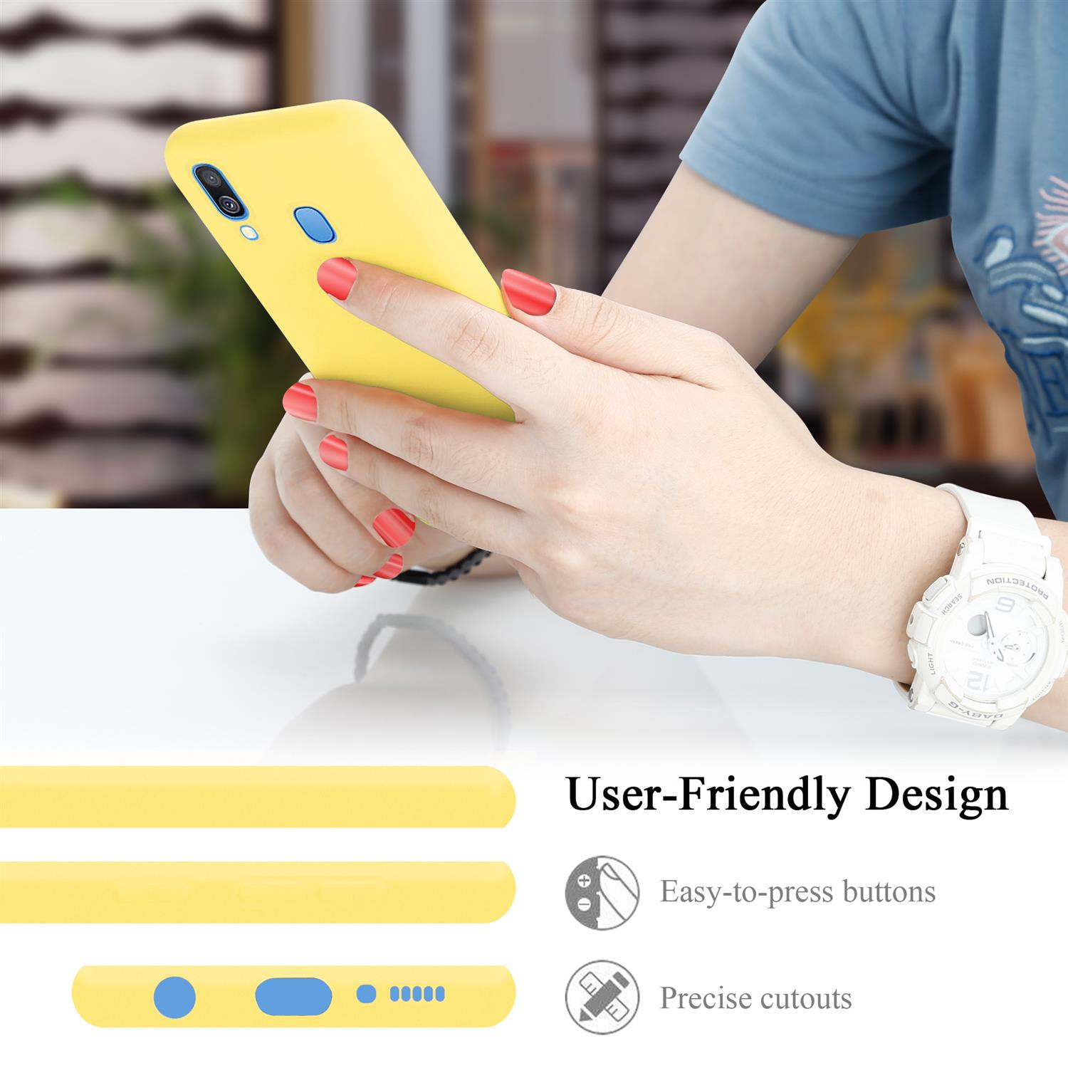 Eine Person hält ein gelbes Telefon in einer gelben Hülle. Das Design hat leicht zu drückende Tasten und präzise Aussparungen.
