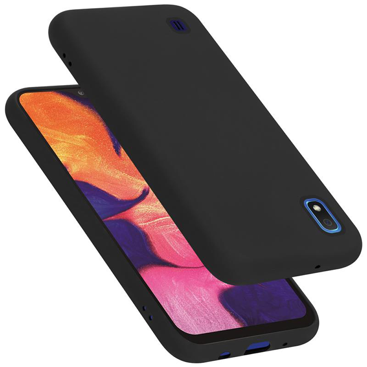 Zwei schwarze Telefonhüllen, eine offen, zeigt einen pinken Bildschirm.