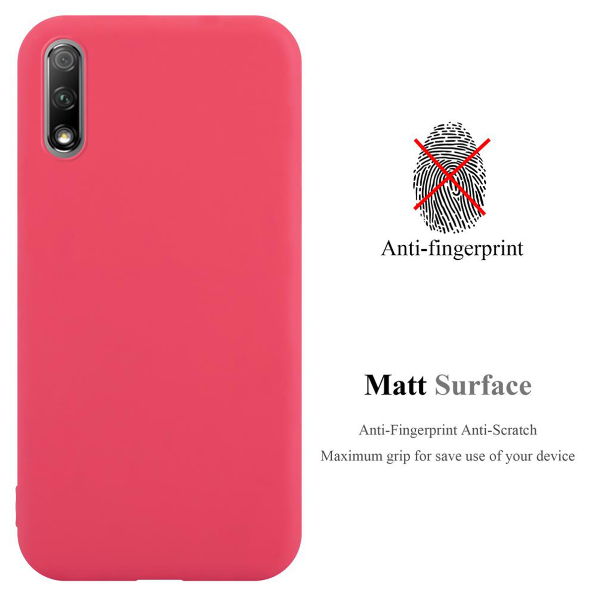 Rote Handyhülle mit Anti-Fingerabdruck-Text auf weißem Hintergrund.