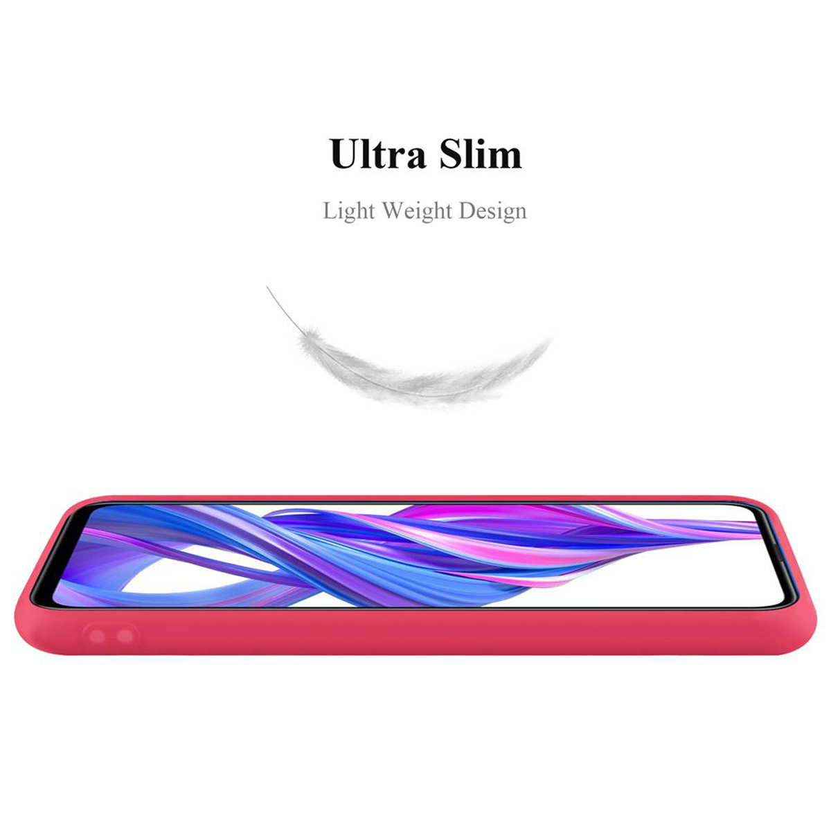 Eine rote Handyhülle. Oben steht der Text: 'Ultra Slim', 'Light Weight Design'. Eine Feder schwebt darüber.