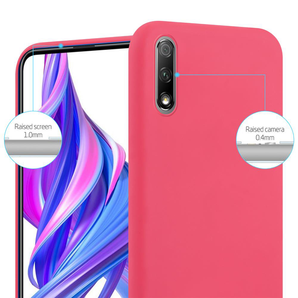 Nahaufnahme einer rosa Handyhülle mit erhöhten Bildschirm- und Kameraschutzdetails.