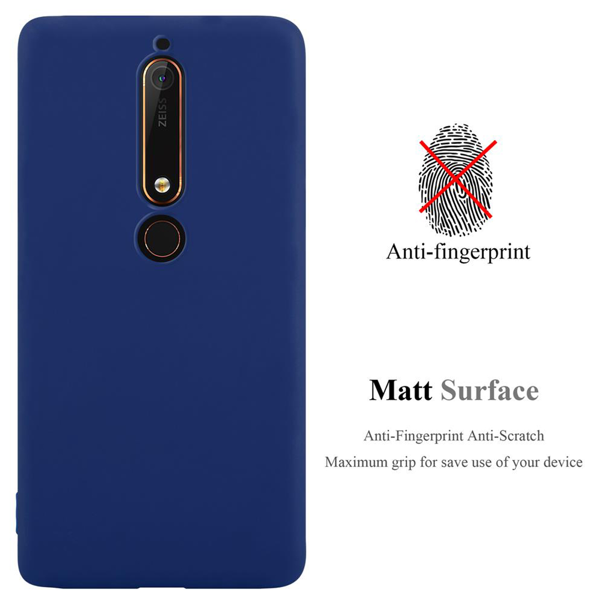 Eine blaue Handyhülle mit dem Text 'Matt Surface' und einem Anti-Fingerabdruck-Symbol. Die Hülle ist marineblau.