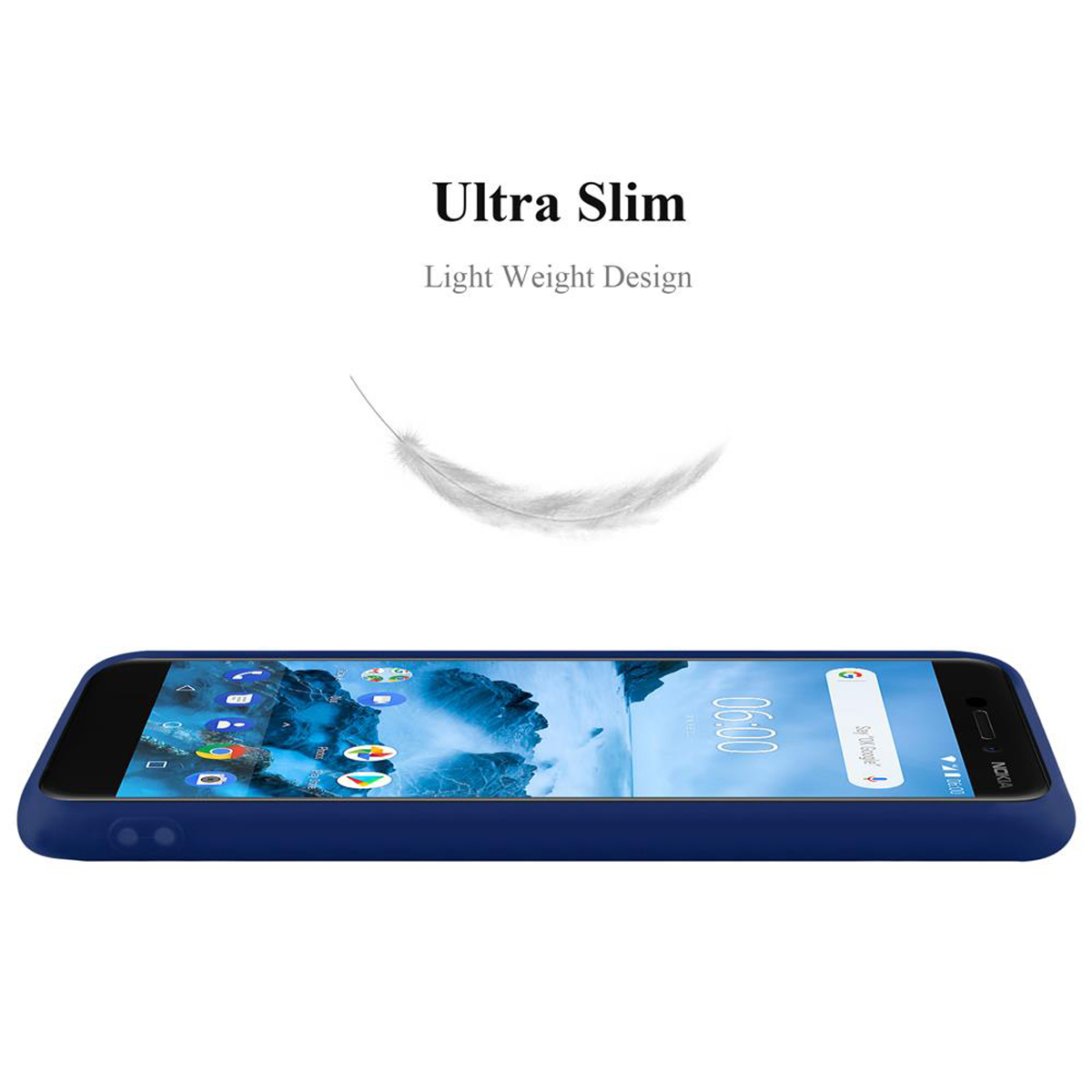 Blaue Handyhülle auf einem schwarzen Telefon mit einer darüber schwebenden Feder. Das Telefon zeigt die Uhrzeit 06:00 an.