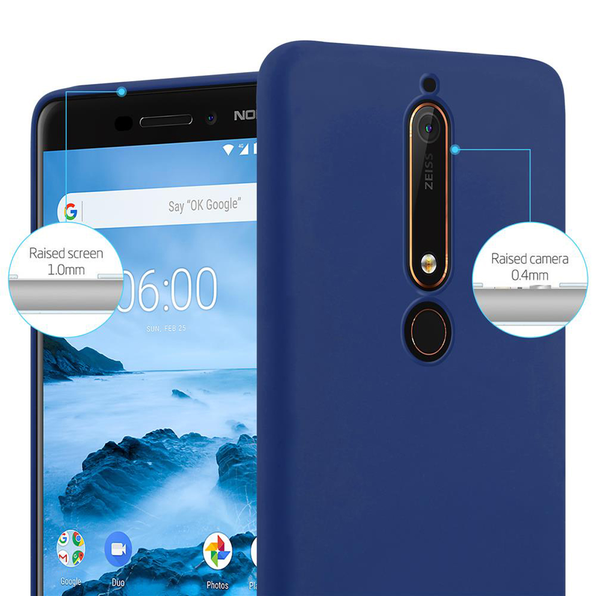 Blaues Telefon in blauer Hülle. Text zeigt erhöhten Bildschirm- und Kameraschutz.