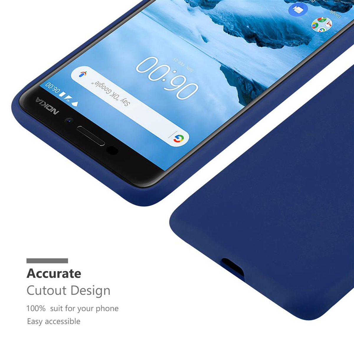 Ein blaues Telefon in einem blauen Gehäuse mit Text. Der Bildschirm zeigt die Uhrzeit an. Weißer Hintergrund.
