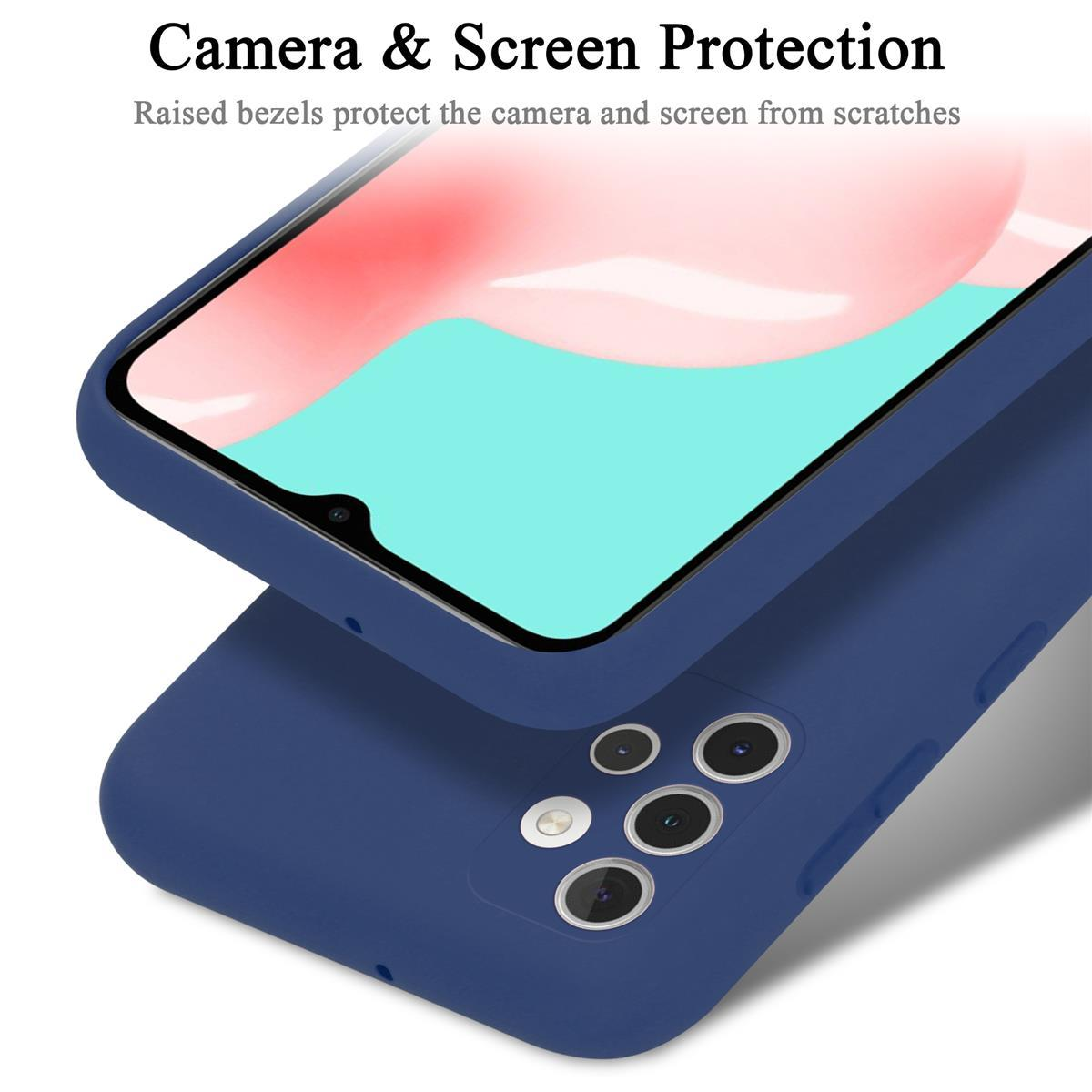 Blaue Handyhülle mit Telefon darin. Text: Kamera- und Bildschirmschutz. Erhöhte Blenden.