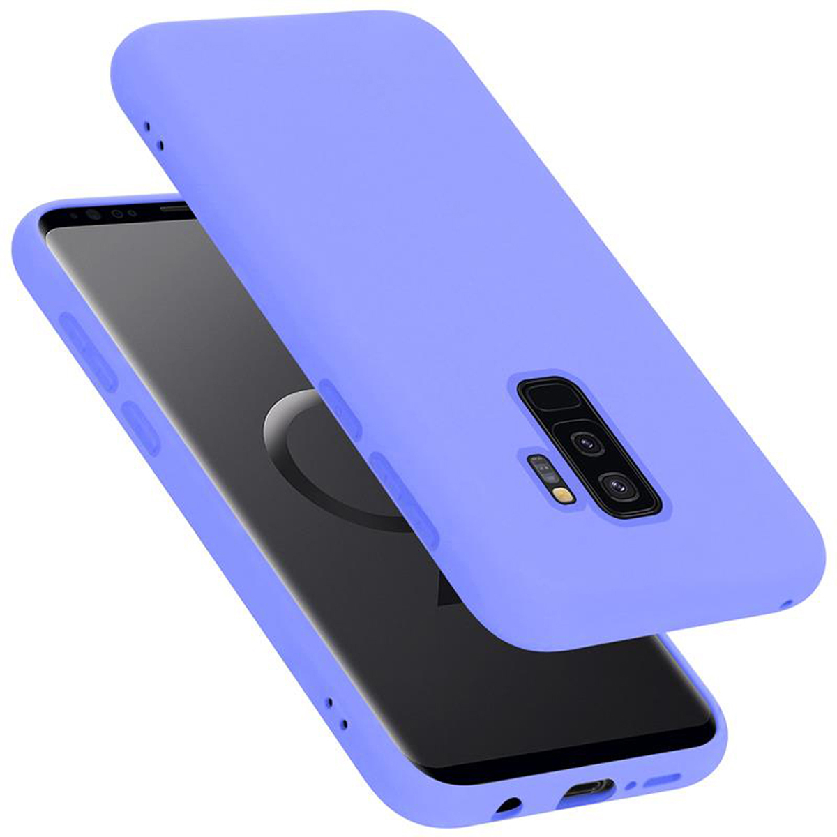 Viene mostrata una custodia per telefono blu. Il telefono è nella custodia. Un'altra custodia è leggermente sopra e a destra.