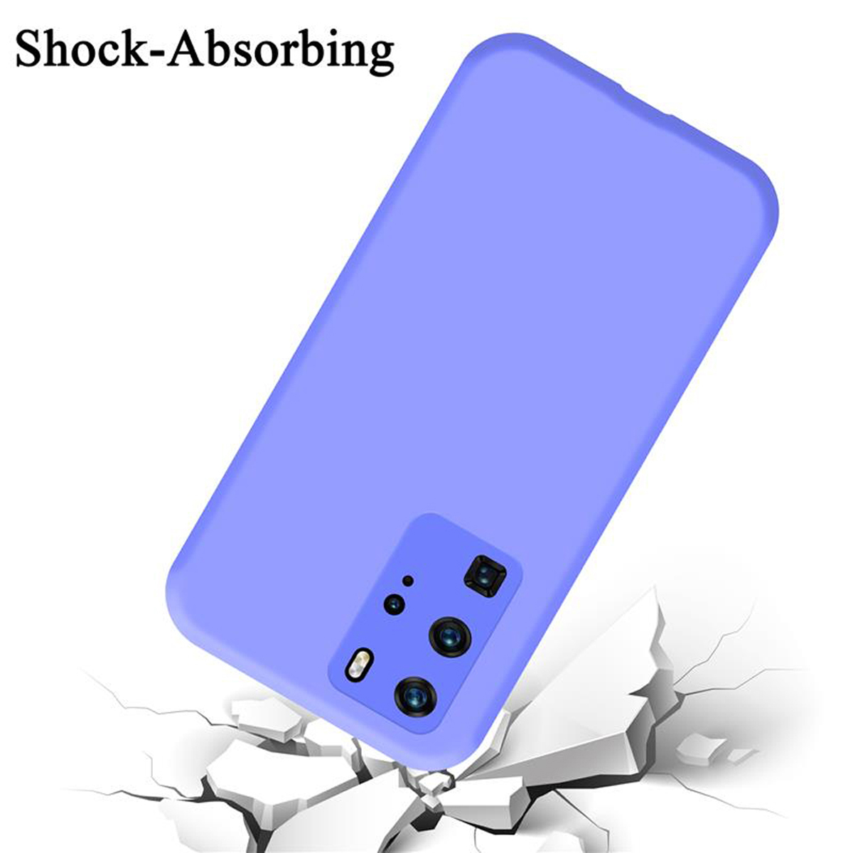 Custodia per telefono viola, con design antiurto, mostrata con crepe.
