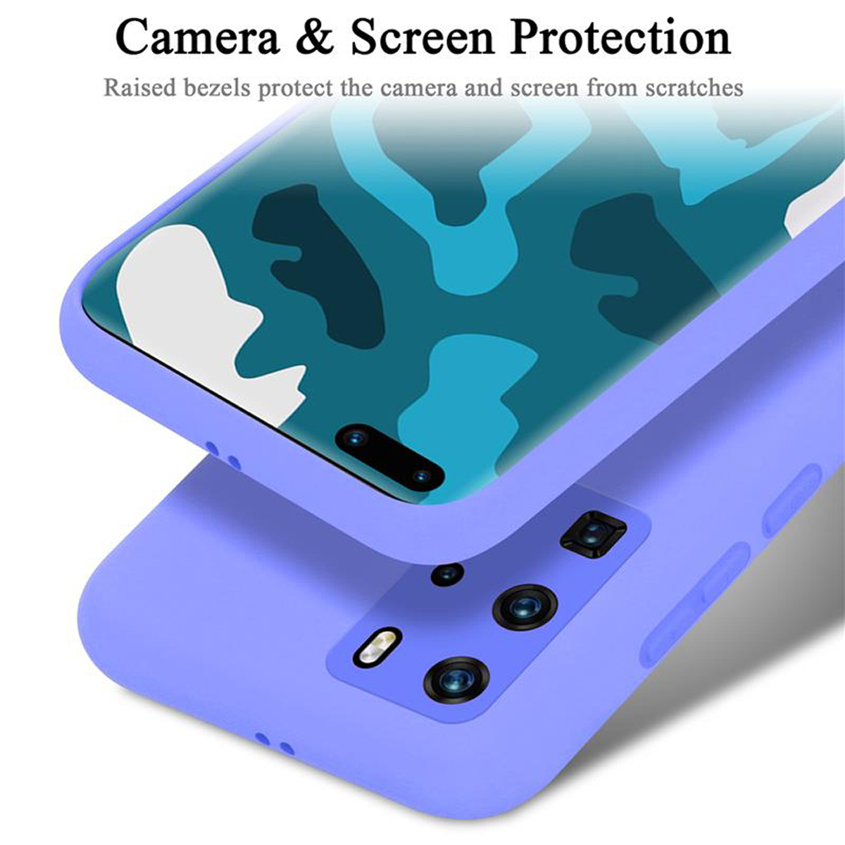 Custodia per telefono sul telefono, con protezione per fotocamera e schermo, e le parole "Camera & Screen Protection".