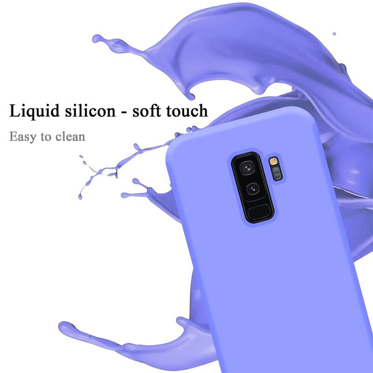 Custodia per telefono viola con uno spruzzo di liquido viola, che mostra la fotocamera del telefono. Testo: Silicone liquido - tocco morbido.