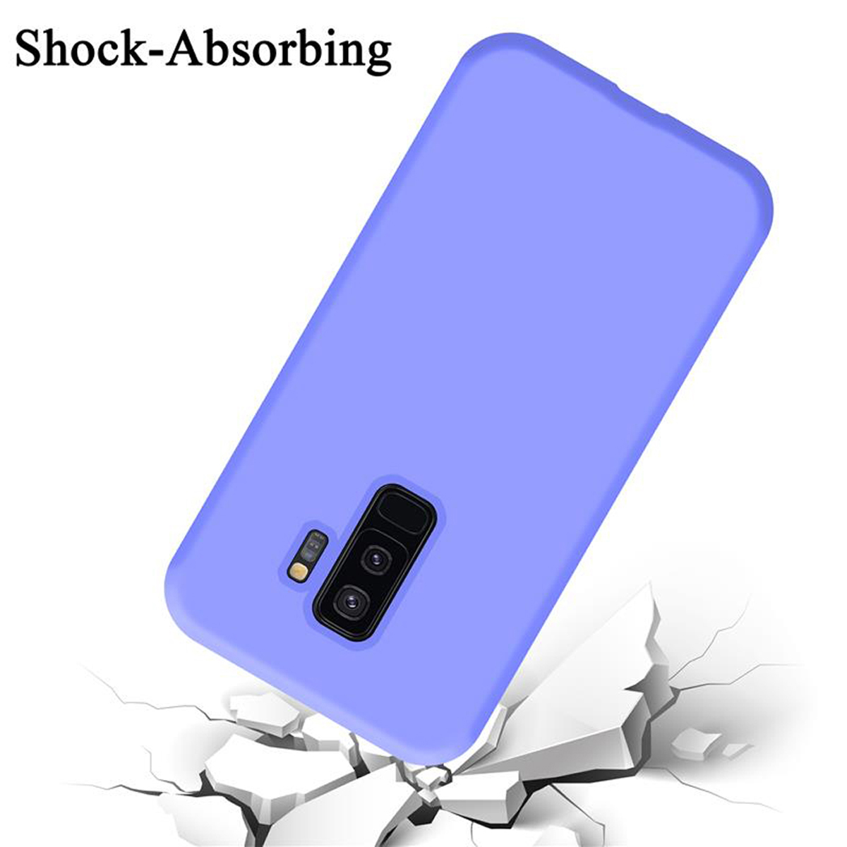 Viene mostrata una custodia blu per telefono con fotocamera e flash. La custodia è su una superficie, con crepe intorno.