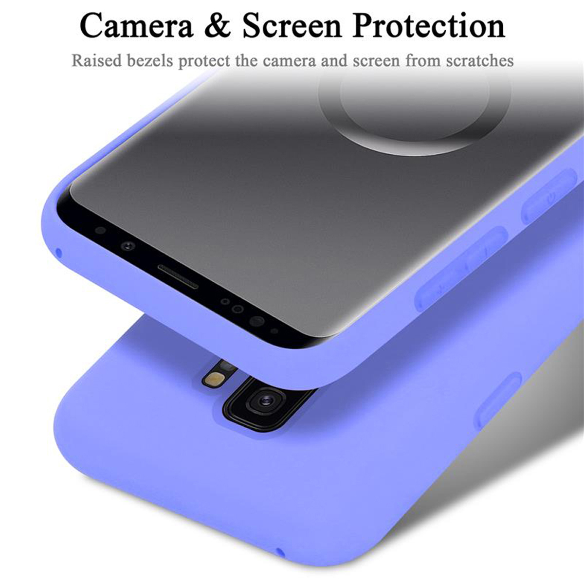 Due telefoni in custodie viola, con testo: Protezione fotocamera e schermo.