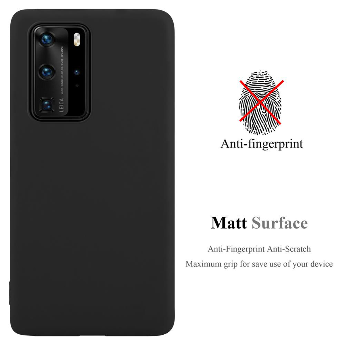 Schwarze Handyhülle mit den Worten 'Matt Surface' und 'Anti-Fingerabdruck'. Die Handyhülle liegt auf weißem Untergrund.