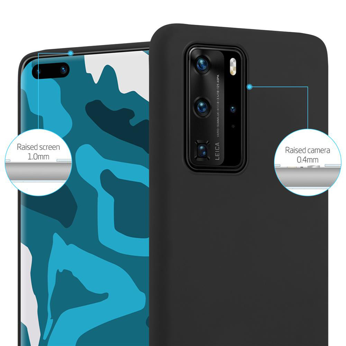 Eine schwarze Handyhülle mit dem Telefon darin. Bildschirm und Kamera sind mit erhöhtem Schutz dargestellt.