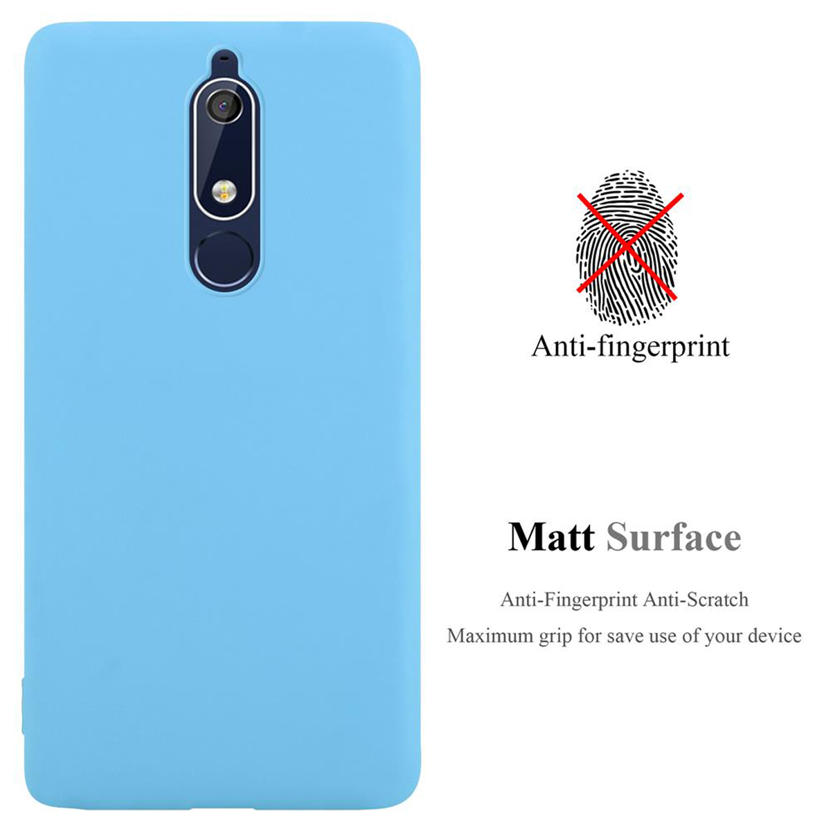 Eine hellblaue Handyhülle mit matter Oberfläche. Anti-Fingerabdruck- und Anti-Kratz-Eigenschaften sind angegeben.