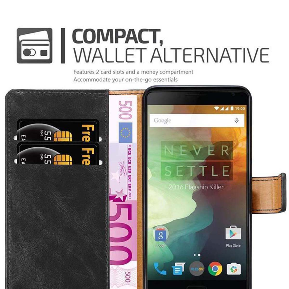 Telefono in custodia a portafoglio con denaro e carte. Testo: alternativa portafoglio compatto.