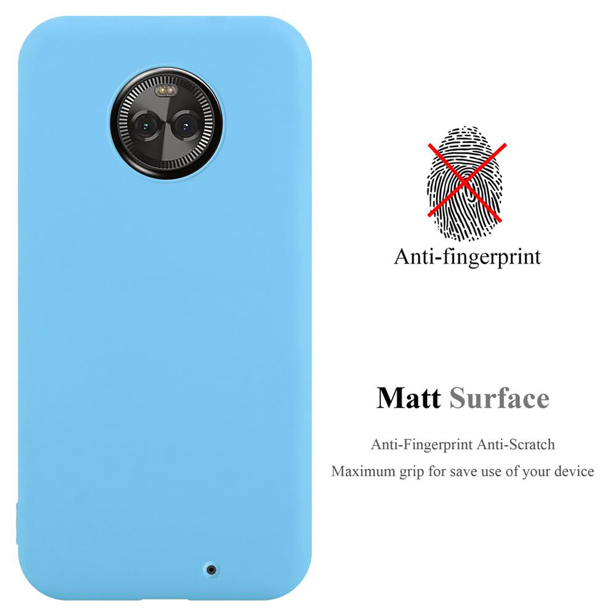 Custodia per telefono azzurra con obiettivo della fotocamera e testo: Anti-impronte, Superficie opaca.