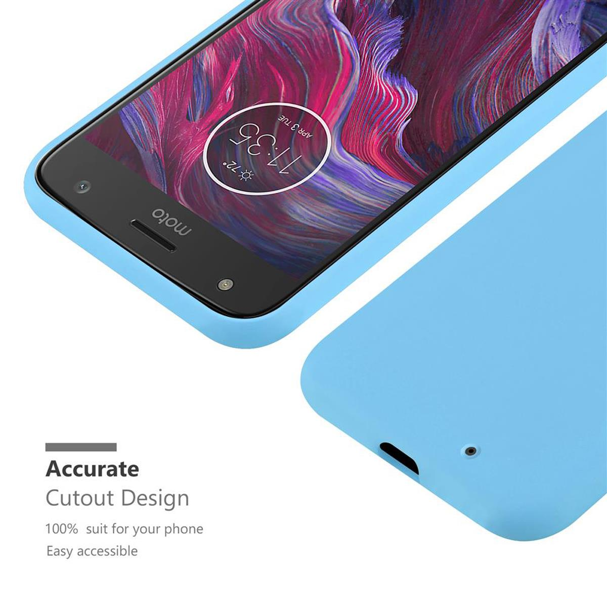 Una custodia per telefono azzurra. Un telefono è dentro, con uno schermo che mostra l'ora. Il testo Accurate è presente.