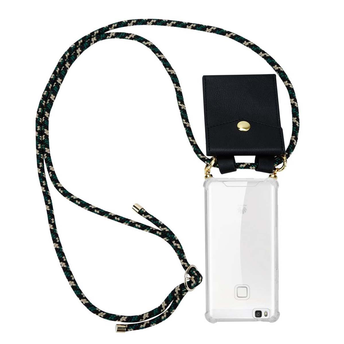 Custodia con telefono trasparente e cordino verde, nero e bianco.
