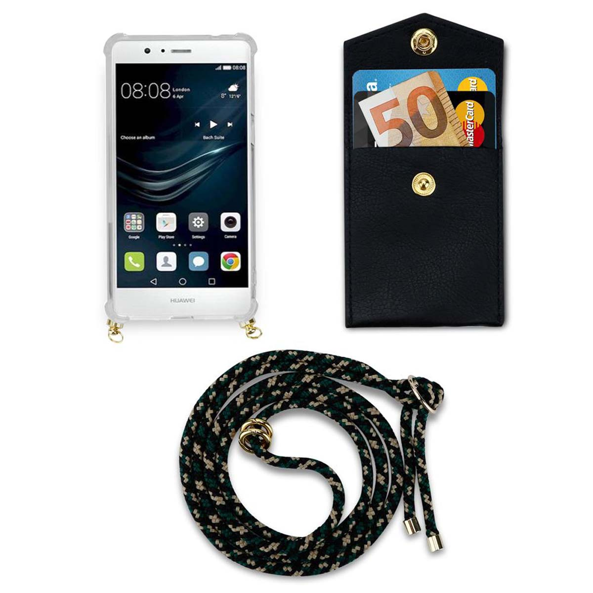 CADORABO Handy Kette mit Gold 2016 CAMOUFLAGE Backcover, Hülle, P9 abnehmbarer LITE und Kordel / G9 Ringen, Band LITE, Huawei