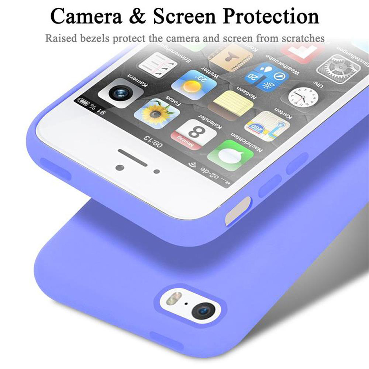 Ein Telefon in einer blauen Hülle mit einem Bildschirm, der Symbole zeigt. Text: Kamera- und Bildschirmschutz.