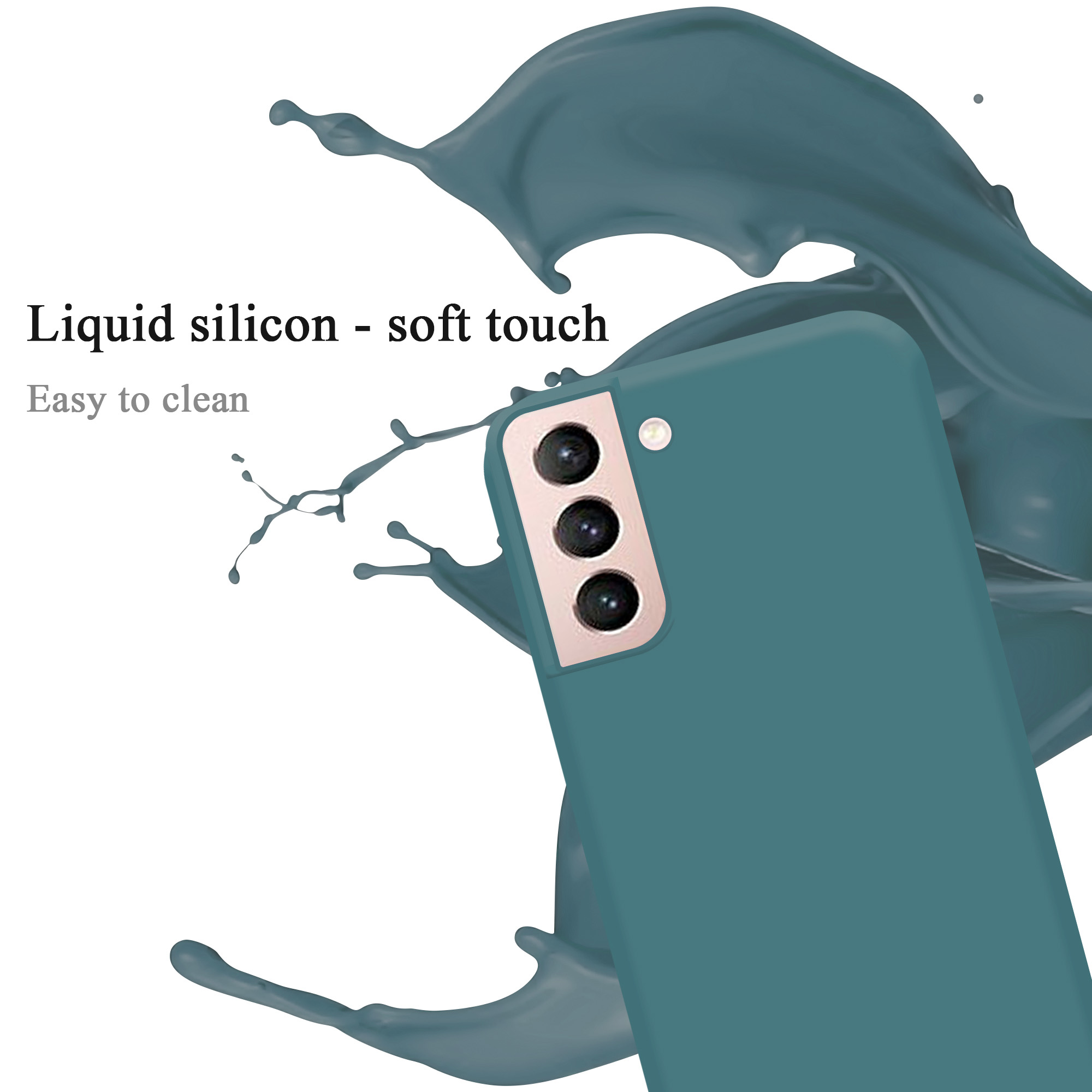 Una custodia per telefono color verde acqua su sfondo bianco con effetto spruzzo di liquido. 3 fotocamere.
